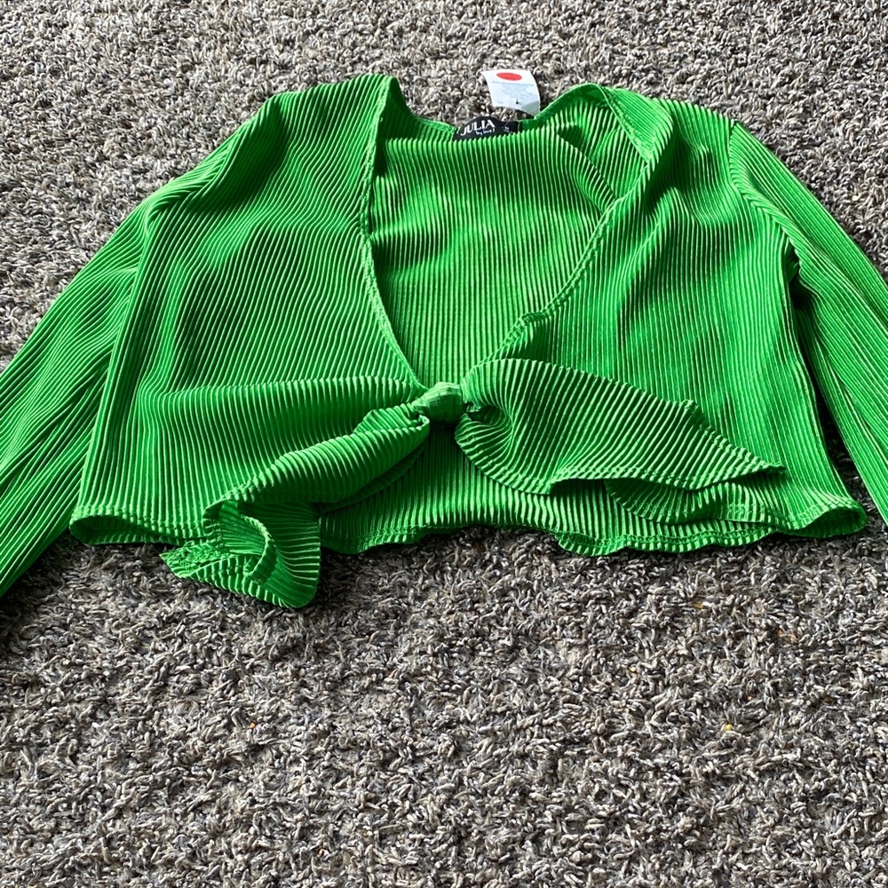 Bright Green Ribbed Knot-Front Crop Top